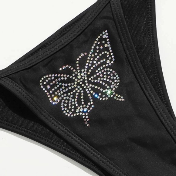 Rhinestone Butterfly Black Bikini Thong - Picture 4 of 4
